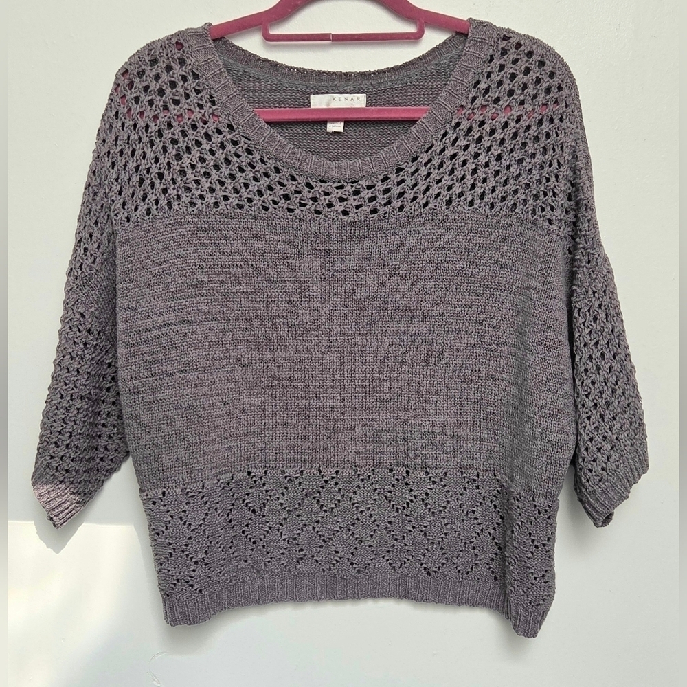 Kenar Women's Gray Textured Knit Boxy Blouse Sz XL Sweater Cotton Blend